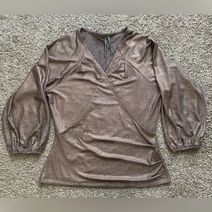 ANTHROPOLOGIE Luanne XS Shimmer Surplice Top Rose Gold Pink Metallic Ruched